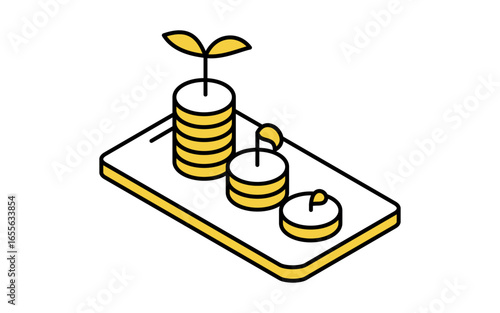 Fintech icon of smartphone with image of asset growth through investment savings and wealth accumulation