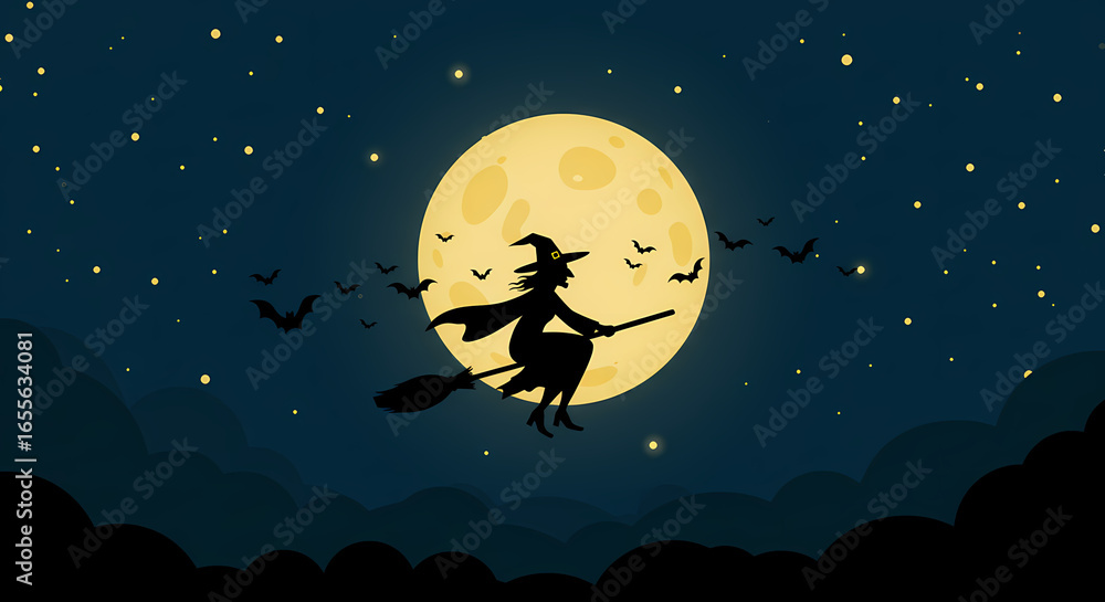 Naklejka premium Silhouette of a Witch Flying on a Broom Under a Full Moon