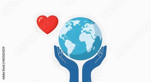 Two hands gently holding a blue Earth globe with a red heart; flat-lay illustration style; conveying care and global love; against a white background.