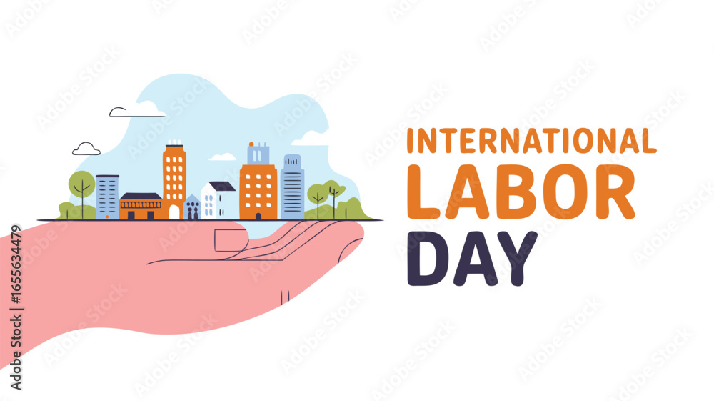 Naklejka premium International Labor Day Illustration Featuring Hand Holding Cartoon Cityscape with Modern Typography