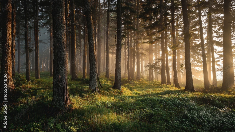 Fototapeta premium Forest with Morning Sun Rays 