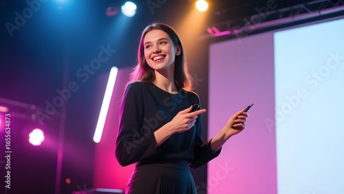 Speaker presenting on stage with colorful lighting and a screen in the background