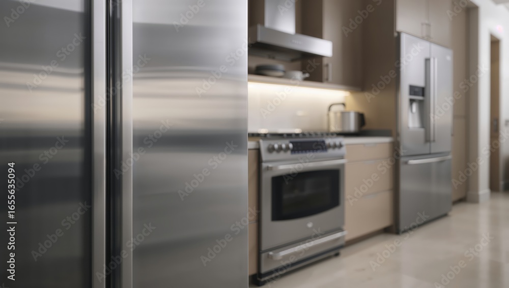 Fototapeta premium Contemporary kitchen interior featuring stainless steel appliances including refrigerator, oven, and range hood, featuring soft lighting and neutral cabinetry creating the sleek atmosphere