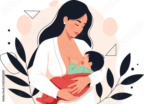 Illustration of a mother breastfeeding her baby, surrounded by abstract shapes and foliage, depicting maternal care and nourishment.