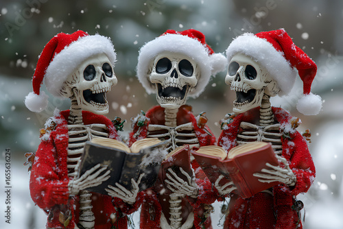 Skeleton Christmas carolers singing outdoors in snowy setting, comical trio in holiday scene, panoramic wide background stock image for humorous holiday themes, seasonal artwork and funny festive desi