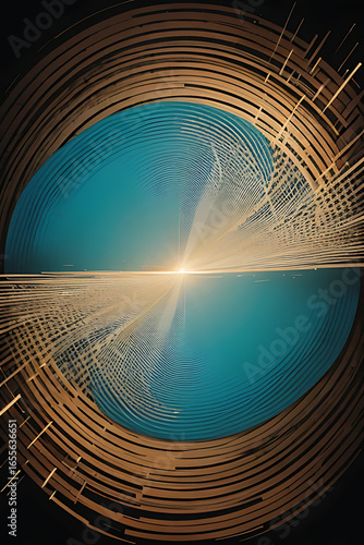 Abstract swirling teal and gold energy vortex, radiating light, concentric circles.