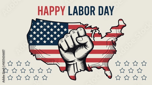 Labor Day Illustration USA Map Filled with American Flag and a Raised Fist