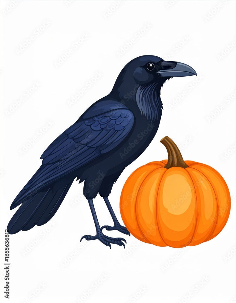 Fototapeta premium Pixel Art of Black Raven Perched Near an Orange Pumpkin on White Background