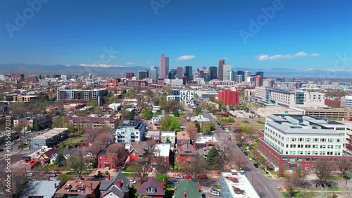 Wallpaper Mural City Park Lodo Downtown Denver Cityscape Landscape Colorado aerial drone view tall skyscraper buildings neighborhood Wash Park city living apartments spring summer front range mountains upwards motion Torontodigital.ca