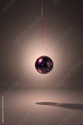 A dark, patterned sphere hangs suspended by a thin string, casting a shadow on the surface below in a softly lit environment.