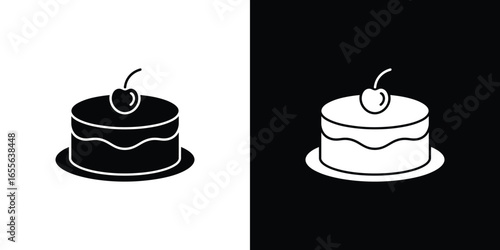 Simple Cake Silhouette With Cherry Topping Isolated On White And Black Backgrounds