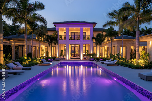 Tropical Florida mansion exterior design at night featuring modern architecture, palm trees, and swimming pool glowing with vibrant purple lights, luxury waterfront villa lifestyle