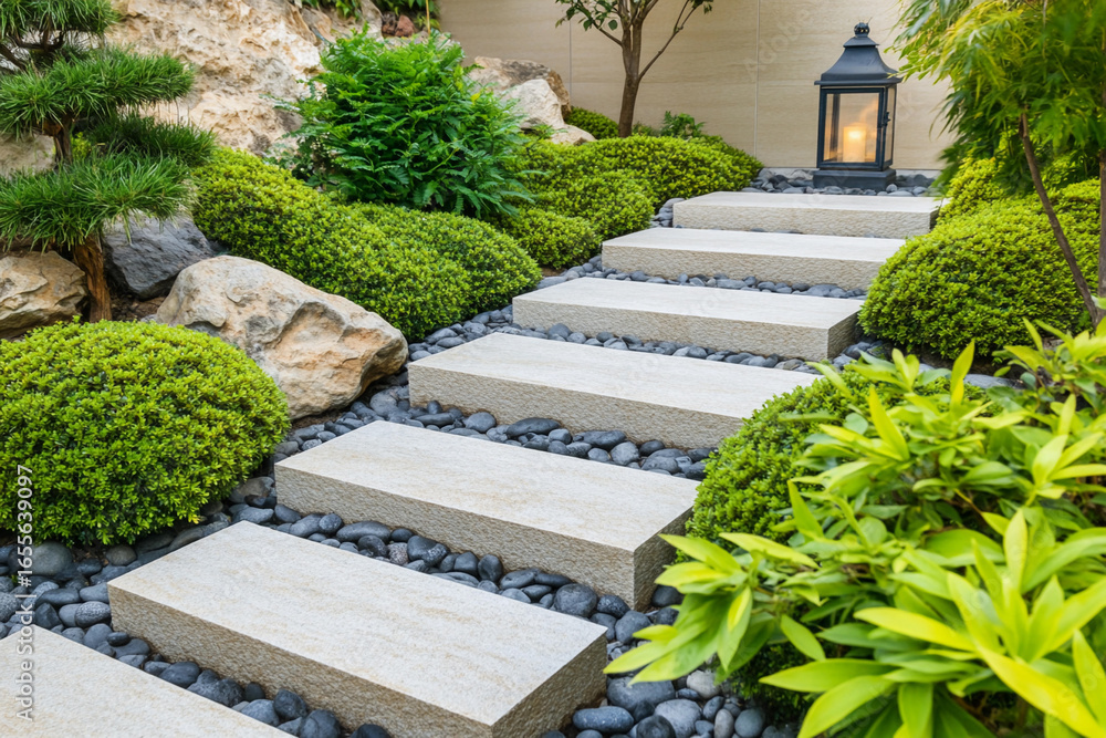 Obraz premium Modern garden pathway leads to tranquil outdoor retreat Generative AI
