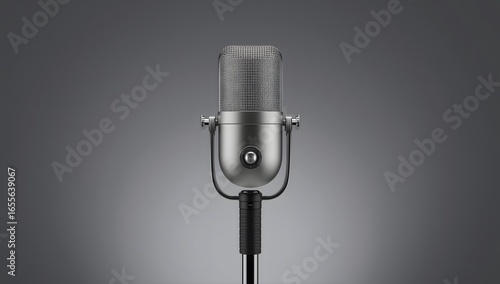 Dynamic microphone isolated on grey background in a professional studio setup.