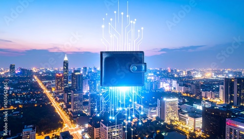 Wallet over city lights, digital circuit