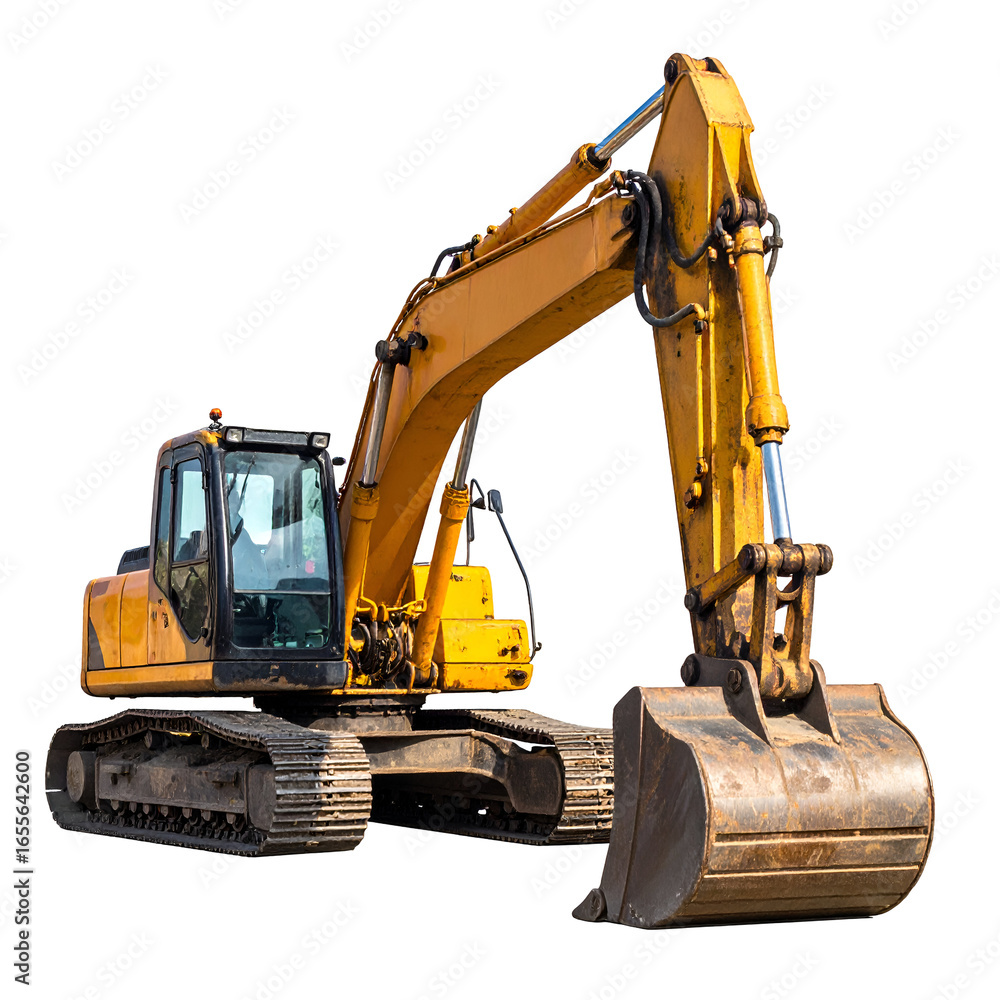 Yellow hydraulic excavator isolated against a transparent background construction machinery industrial vehicle earthmoving equipment Yellow hydraulic excavator isolated against a transparent background construction machinery industrial vehicle earthmoving equipment