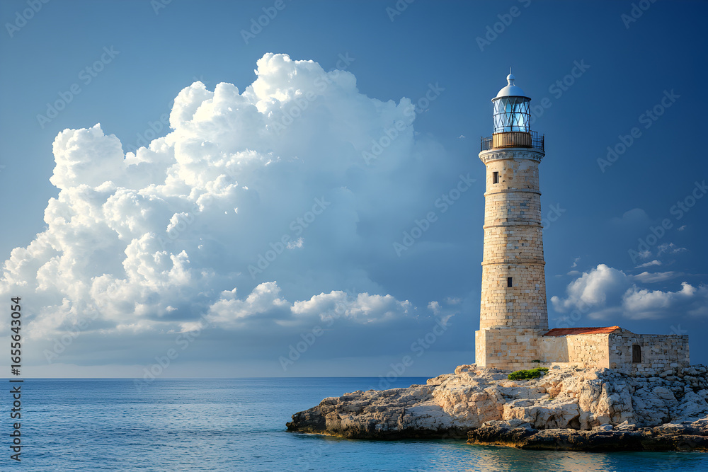 Naklejka premium Historic Pharos of Alexandria lighthouse, legendary wonder of ancient architecture, one of the Seven Wonders of the World, guiding ships safely into Mediterranean harbor of Egypt