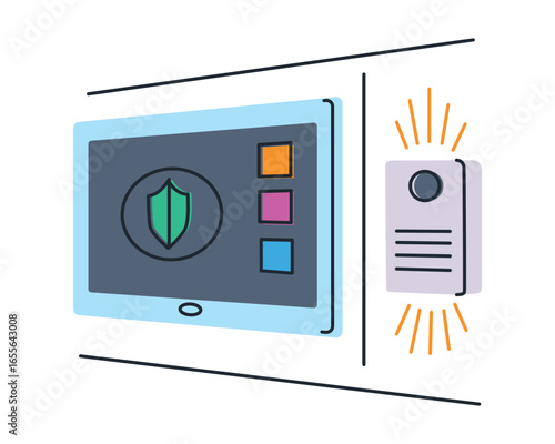 Flat cartoon vector illustration of smart home security system with wall control panel and sensors. Wireless protection and automation, digital safety technology, home monitoring visuals