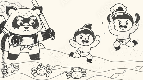 Illustration of a raccoon holding a club with two sumo wrestlers and crabs on a beach scene