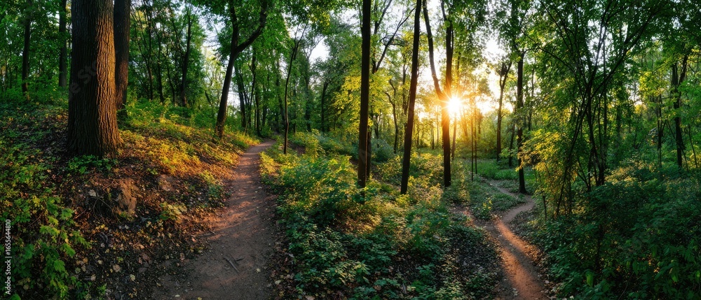 Obraz premium Sun-drenched forest path forks