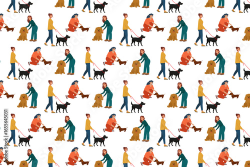 Background with men and women of different ages and different races with dogs of different breeds and colors. Flat cartoon vector illustration for wallpaper.