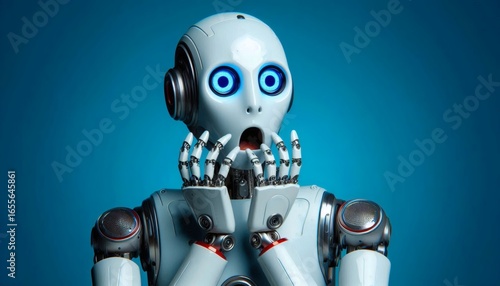 artificial intelligence ai scared frightened terrified portrait blue background shocked