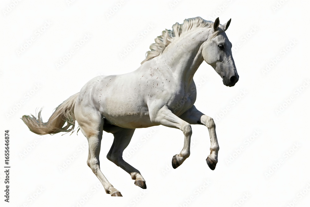 Obraz premium A majestic white horse is captured in mid-gallop, with its powerful legs extended and mane flowing, against a stark white background.