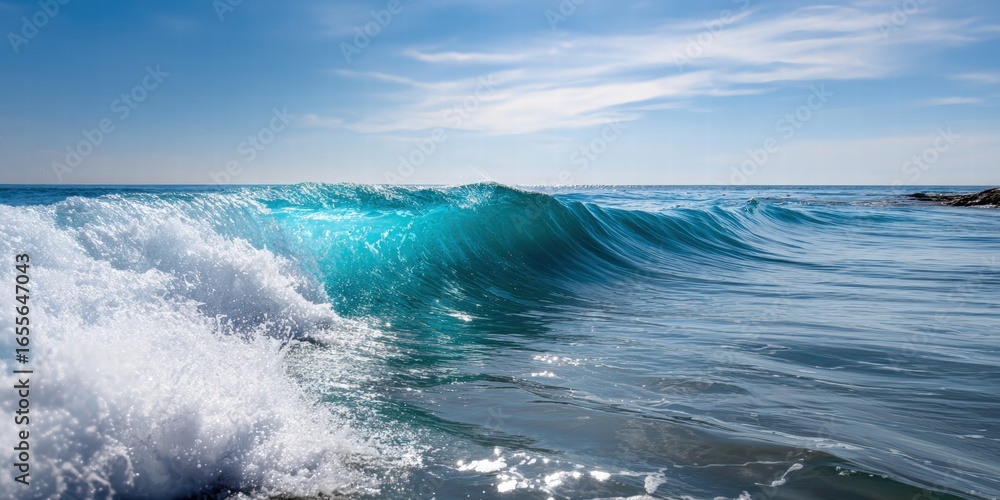 Fototapeta premium Beautiful ocean wave crashing on the shoreline with vibrant blue water clear sky sunlight reflection and scenic coastal landscape for outdoor nature photography
