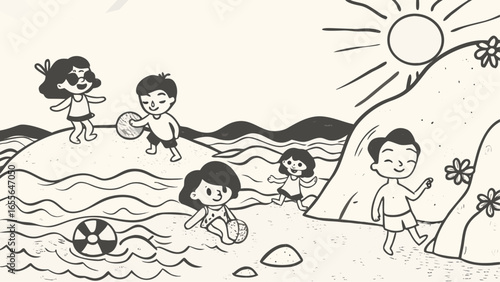 Children playing at the beach with a ball and the sun shining brightly in a cartoon style illustration