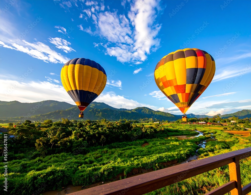 Naklejka premium Two colorful hot air balloons over a valley