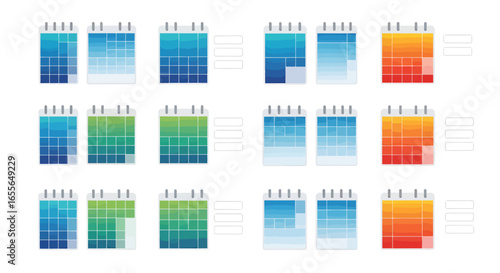 Vector calendar icon set with various color schemes. Modern flat design elements for schedule, date, and time management concepts.