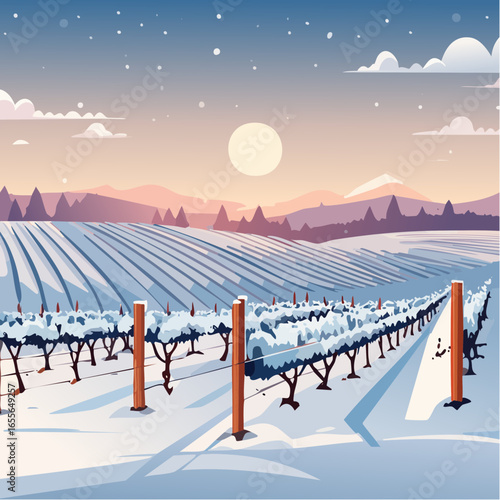 winter in the vineyard with snow blankets dormant vines and ambient light
