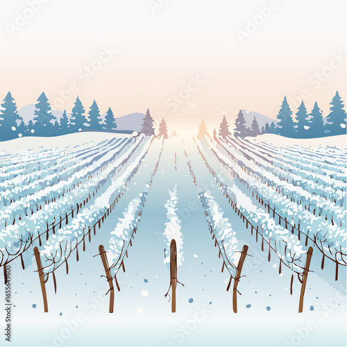 winter in the vineyard with snow blankets dormant vines and ambient light