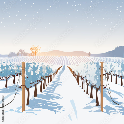 winter in the vineyard with snow blankets dormant vines and ambient light