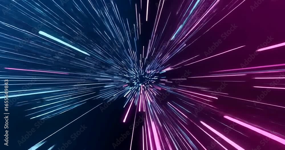 Abstract hyperspace jump background with neon glowing rays, cosmic speed of light