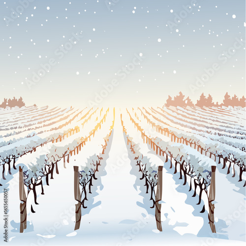 winter in the vineyard with snow blankets dormant vines and ambient light