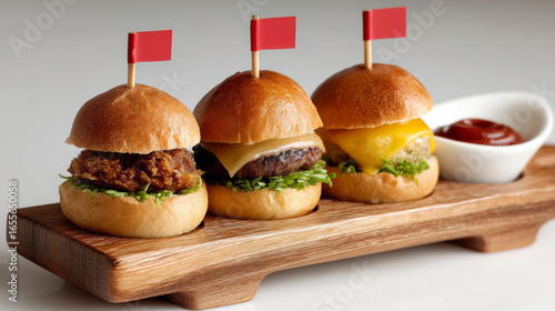 A trio of delicious sliders arranged on a wooden paddle board with red flags, symbolizing a fun and savory appetizer or meal