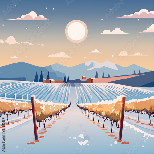 winter in the vineyard with snow blankets dormant vines and ambient light