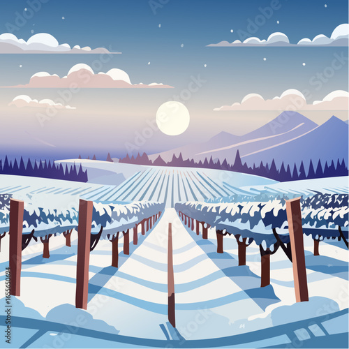 winter in the vineyard with snow blankets dormant vines and ambient light