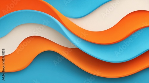 Curved shapes in blue, orange, and cream flow together, forming an engaging abstract design. The playful colors and smooth lines evoke a sense of movement and creativity.
