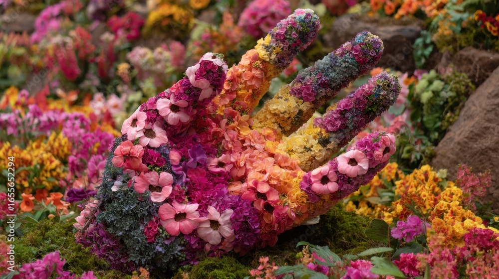Fototapeta premium A large hand sculpture is adorned with various colorful flowers, blending seamlessly into a lush garden. The vibrant blooms surrounding the sculpture enhance the serene atmosphere and artistry.