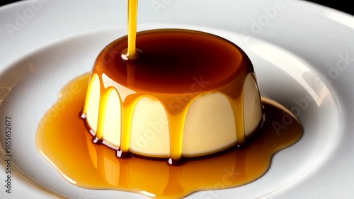 Creamy dessert with caramel sauce elegantly drizzling over a smooth flan on a white plate
