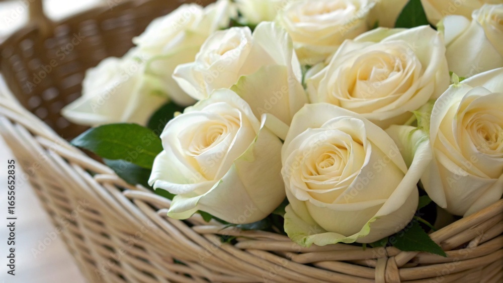 Obraz premium Close Up of White Roses in Wicker Basket with Sharp Focus and Detailed Petal Textures