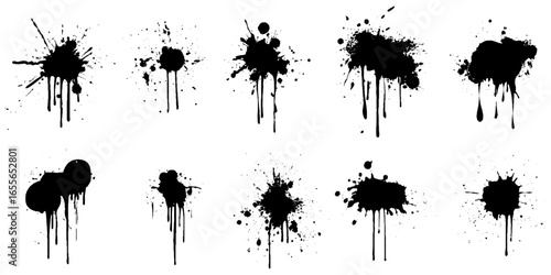 Collection of ten black ink splatter set. Hand drawn spray design elements. Various spray paint graffiti decorative splatters.