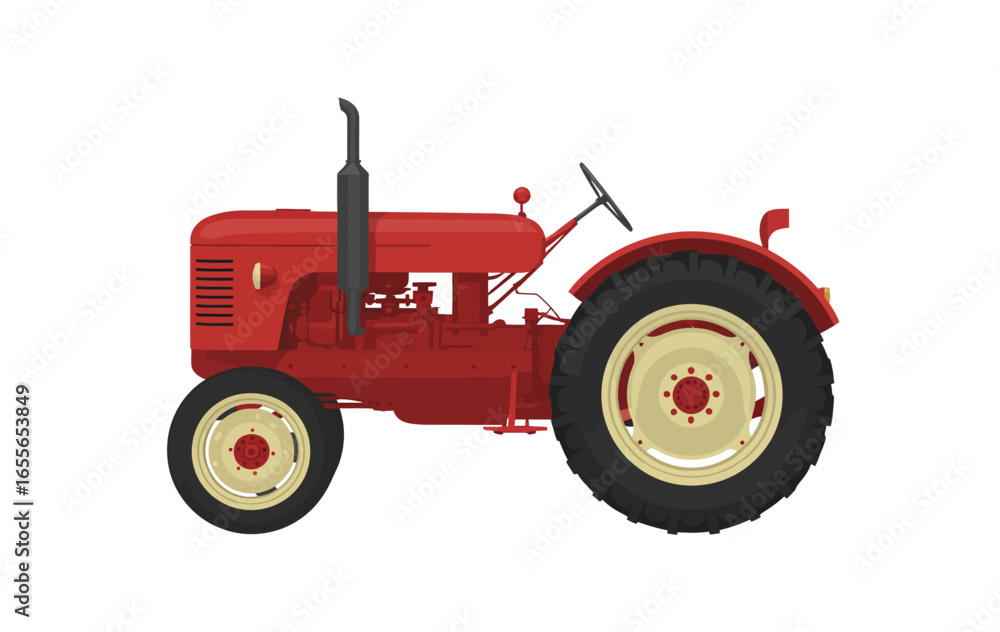 Obraz premium Vibrant red vintage agricultural tractor illustration, depicting classic farm machinery on a crisp white background, symbolizing heritage and rural industry.