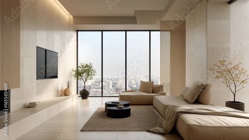 Modern minimalist living room design with large windows, neutral tones, and serene atmosphere showcasing stunning city views