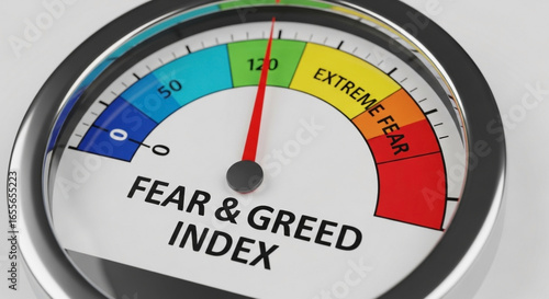 Fear and Greed Index gauge showing extreme fear with red indicator fear greed index