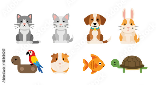 Diverse Collection of Cute Cartoon Pet Animals Featuring Cats, Dogs, Rabbits, Fish, Guinea Pigs, Turtles and a Parrot for Children's Educational Materials