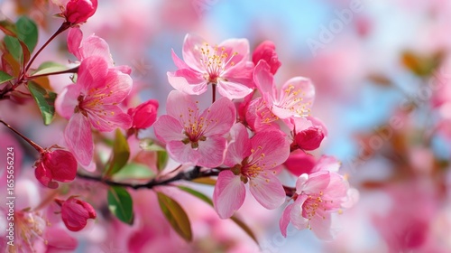 A branch of cherry blossoms is covered with pink flowers, bringing color to the landscape during a sunny spring day. The blossoms display intricate details and lively colors.