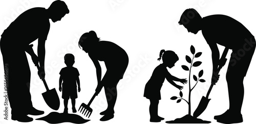 Family gardening together, teaching children nature care, planting trees, teamwork outdoors, sustainable lifestyle, eco habits, bonding, nurturing growth, learning responsibility.